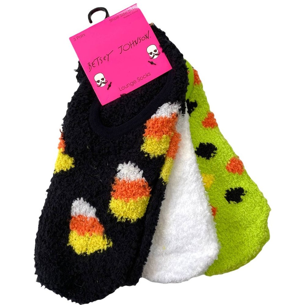 Betsey Johnson Women's Plush Candy Corn Boo Nonslip Halloween 3-Pack Ankle Socks